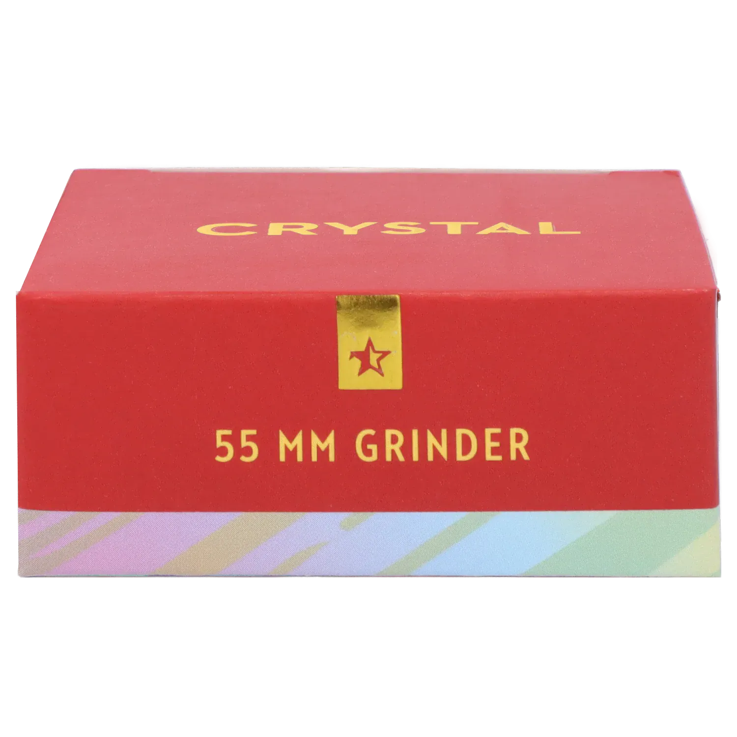 Close-up front view of the Famous X - Crystal 2 pc Grinder-Silver-55mm red box showing gold "CRYSTAL" text and "55 MM GRINDER" label.