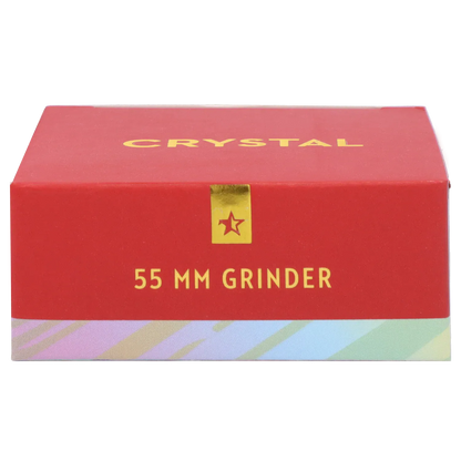 Close-up front view of the Famous X - Crystal 2 pc Grinder-Silver-55mm red box showing gold "CRYSTAL" text and "55 MM GRINDER" label.