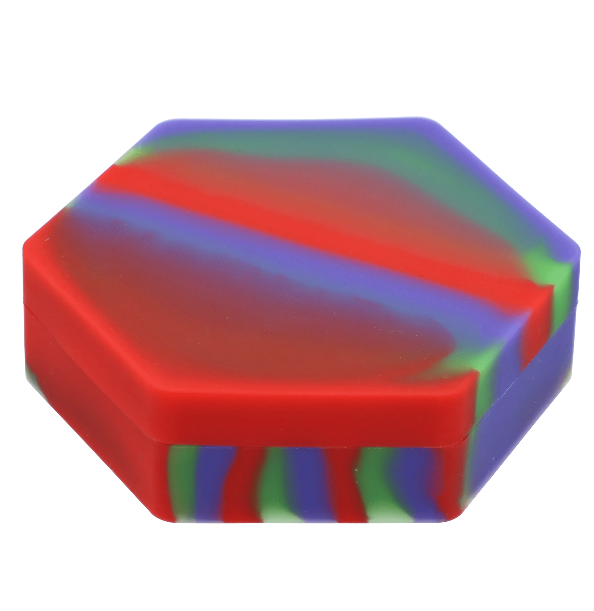 Top-down close-up of the rainbow-marbled Valiant Silicone Hexagon 8 compartment Container - 110 ml showing the hexagon corner and smooth lid surface.