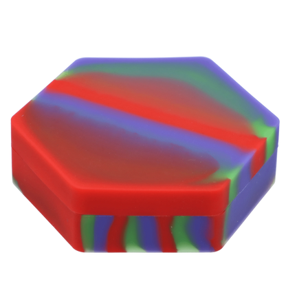 Top-down close-up of the rainbow-marbled Valiant Silicone Hexagon 8 compartment Container - 110 ml showing the hexagon corner and smooth lid surface.