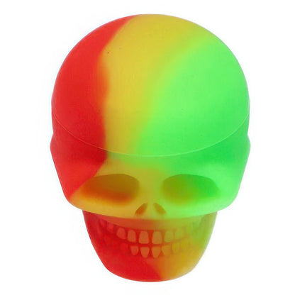 A close-up of the Valiant Silicone Skull Container, showcasing the colorful, patterned silicone material.