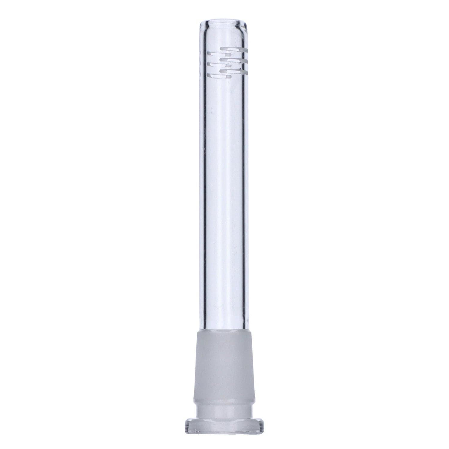 A straight, clear glass view of the Valiant Downstem - 14-18, showcasing its simple cylindrical form.