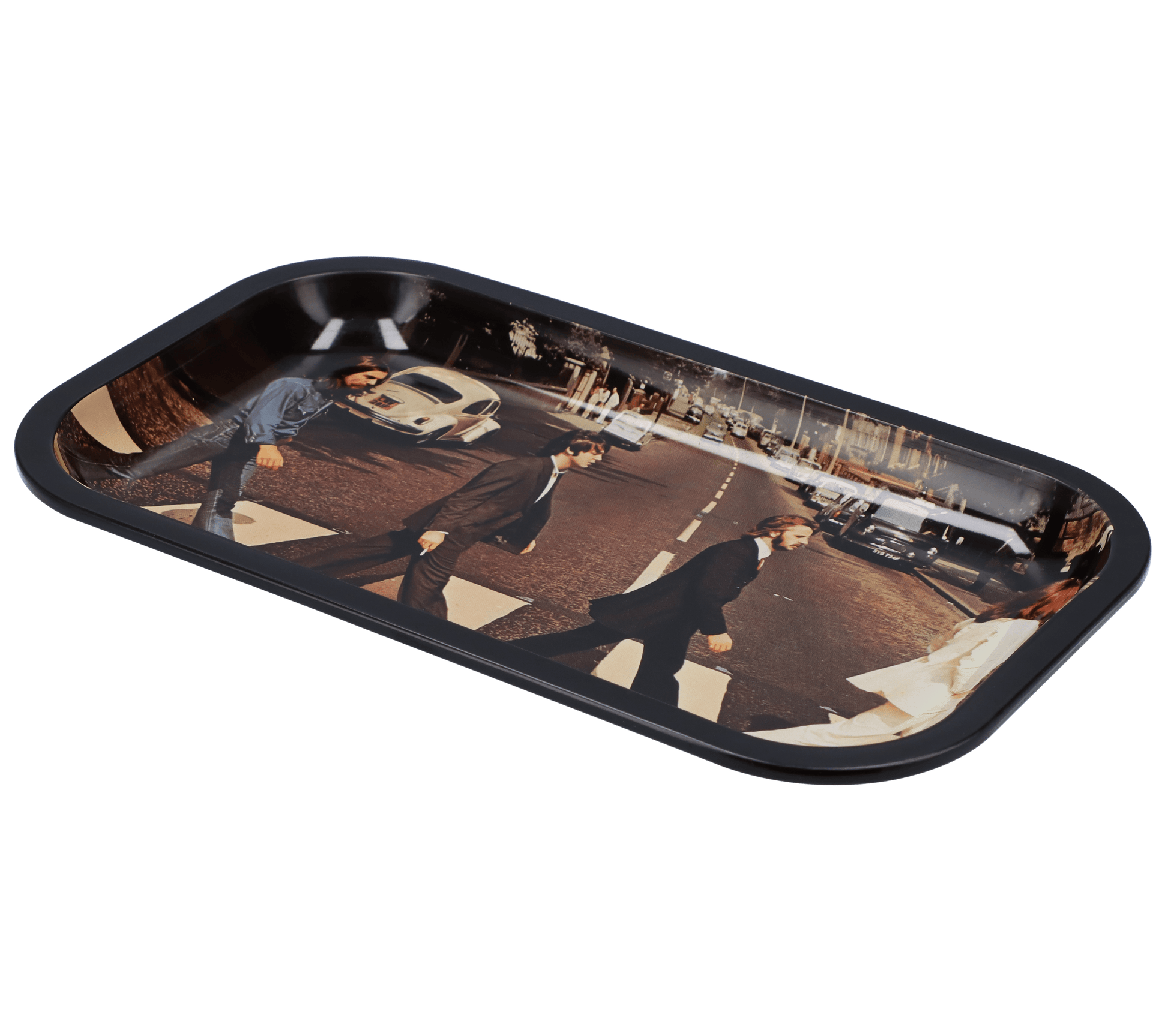 A medium Rolling Tray from Rock Legends depicts the iconic Abbey Road crosswalk from a bird’s-eye view.