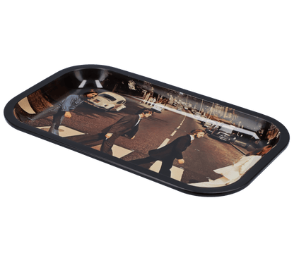 A medium Rolling Tray from Rock Legends depicts the iconic Abbey Road crosswalk from a bird’s-eye view.