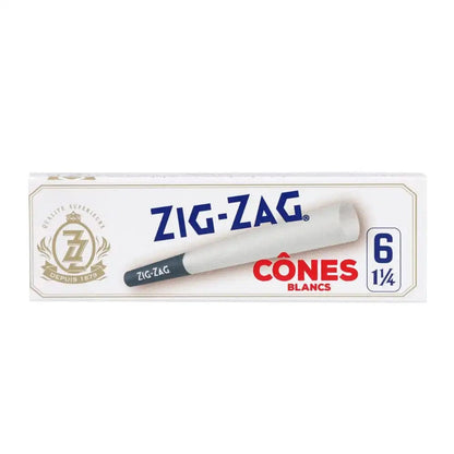 Front view of the Zig Zag White Pre-Rolled Cones, showcasing a stack of white cones against a dark background.