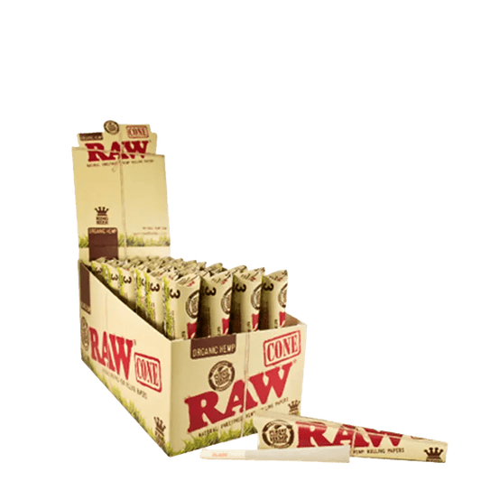 A close-up, angled view of the Raw Organic Cones – 1 ¼ – 6pk package, showcasing six rolled cones within a cardboard display.