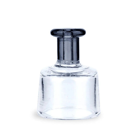 Front view of the XVape Vista Mini 2 Carb Cap, a small, clear glass cap angled against a plain white background.