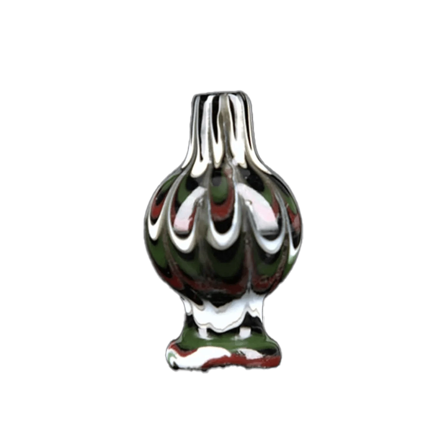 A detailed studio shot of the Valiant Wig Wag Glass Carb Cap, showcasing its assorted color pattern and rounded shape.