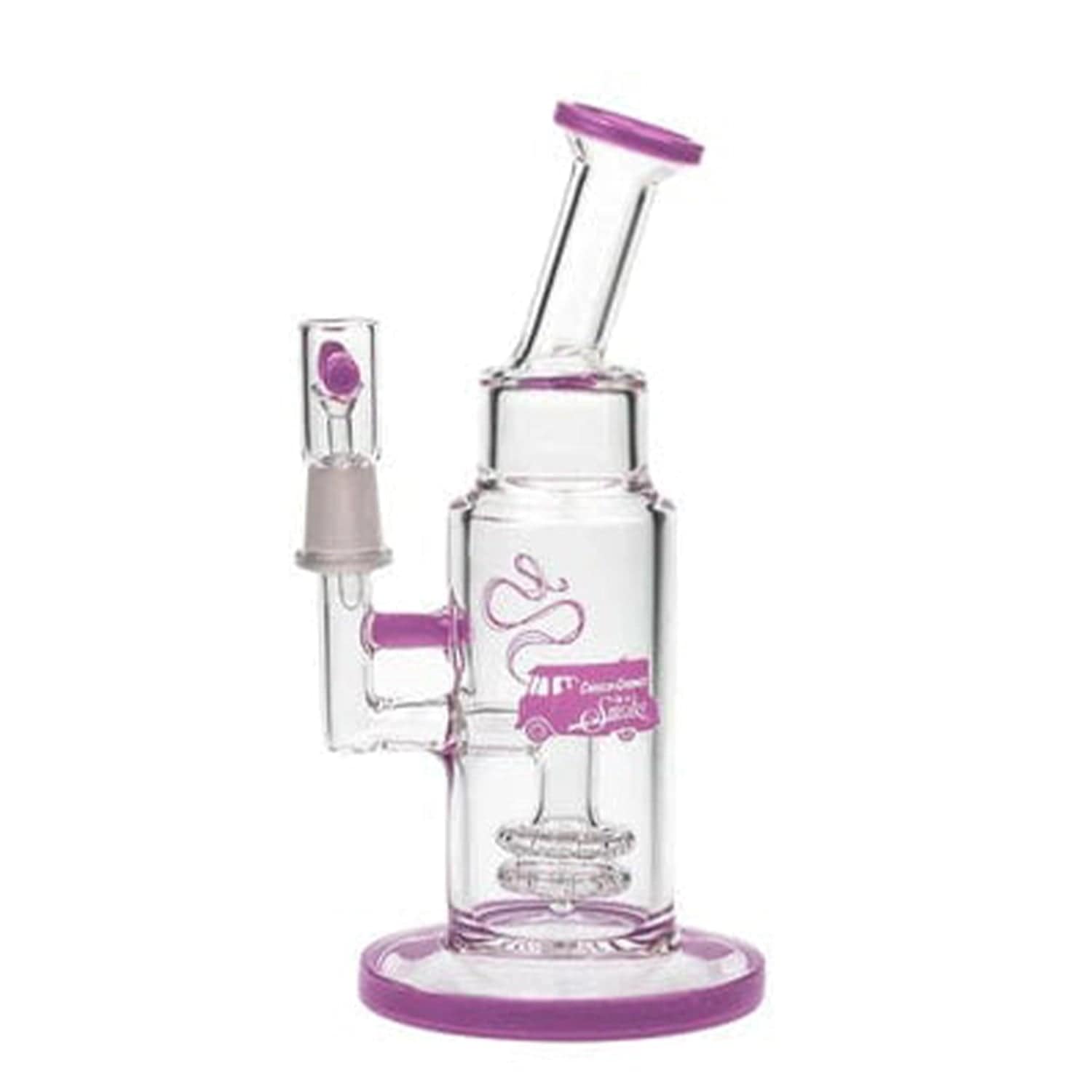 Front view of the C&C Water Pipe Up In Smoke Anthony-Purple, a glass pipe with a purple base and clear glass body.
