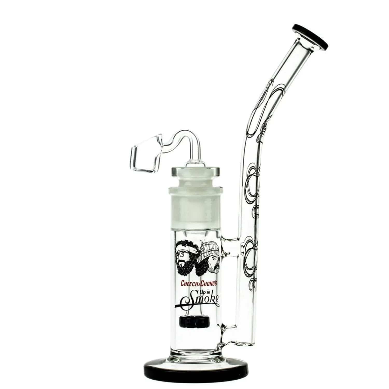 A studio shot of the C&C Waterpipe w Dab Rig Tied Stick withD.S and Quartz-Black, showcasing its black accents and unique connected design.