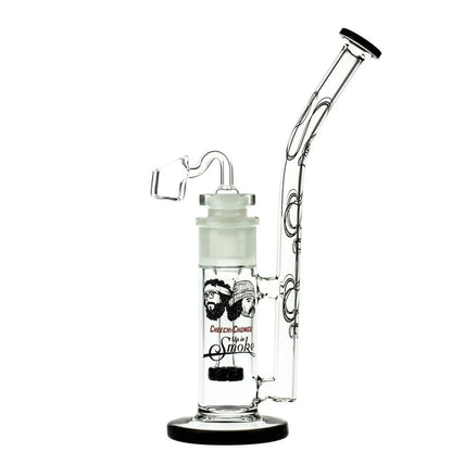 A studio shot of the C&C Waterpipe w Dab Rig Tied Stick withD.S and Quartz-Black, showcasing its black accents and unique connected design.