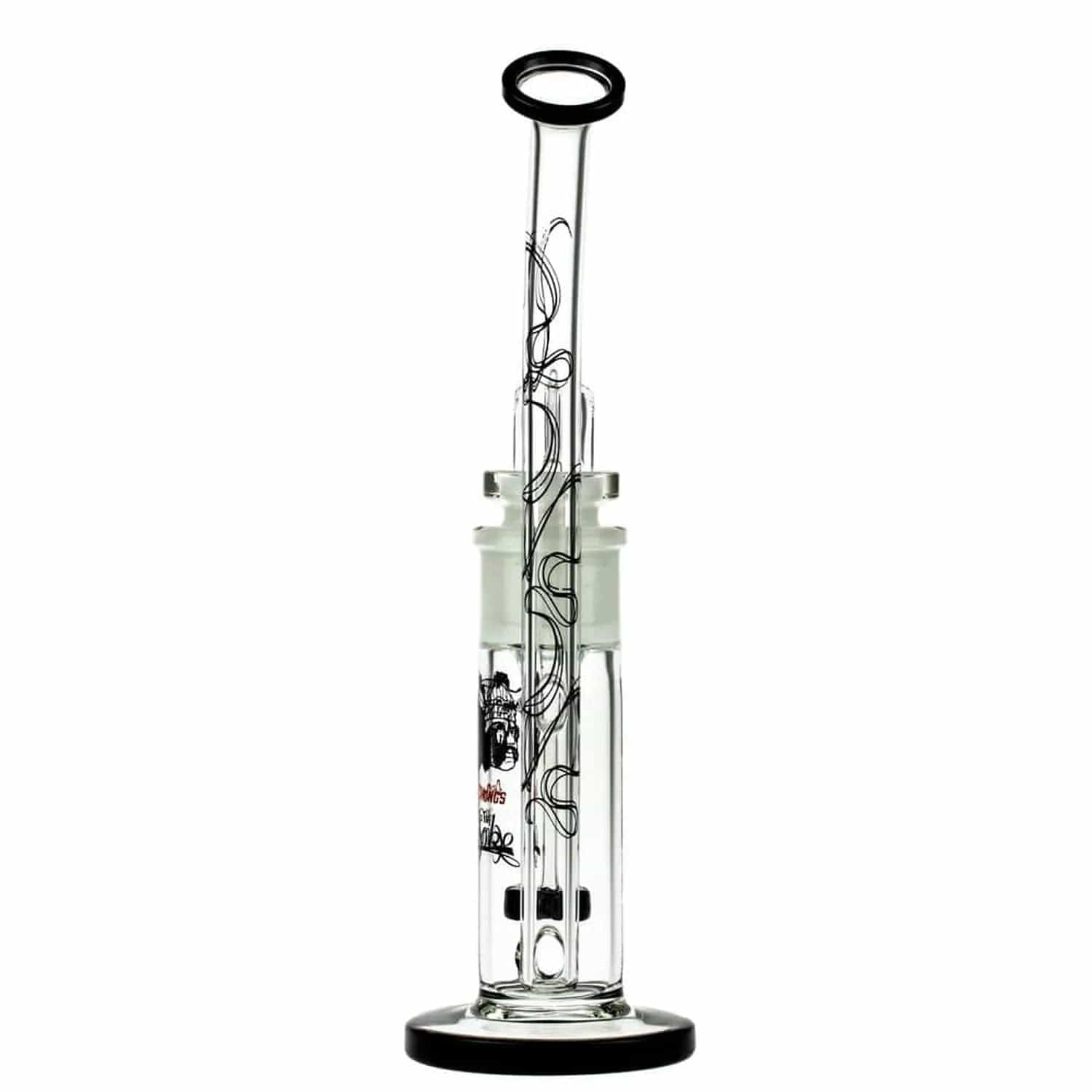 A straight-on view of the C&C Waterpipe w Dab Rig Tied Stick withD.S and Quartz-Black, featuring a black base and clear glass construction.