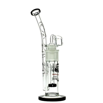 A studio shot of the C&C Waterpipe w Dab Rig Tied Stick withD.S and Quartz-Black, displaying its black base and clear glass construction from a slight angle.