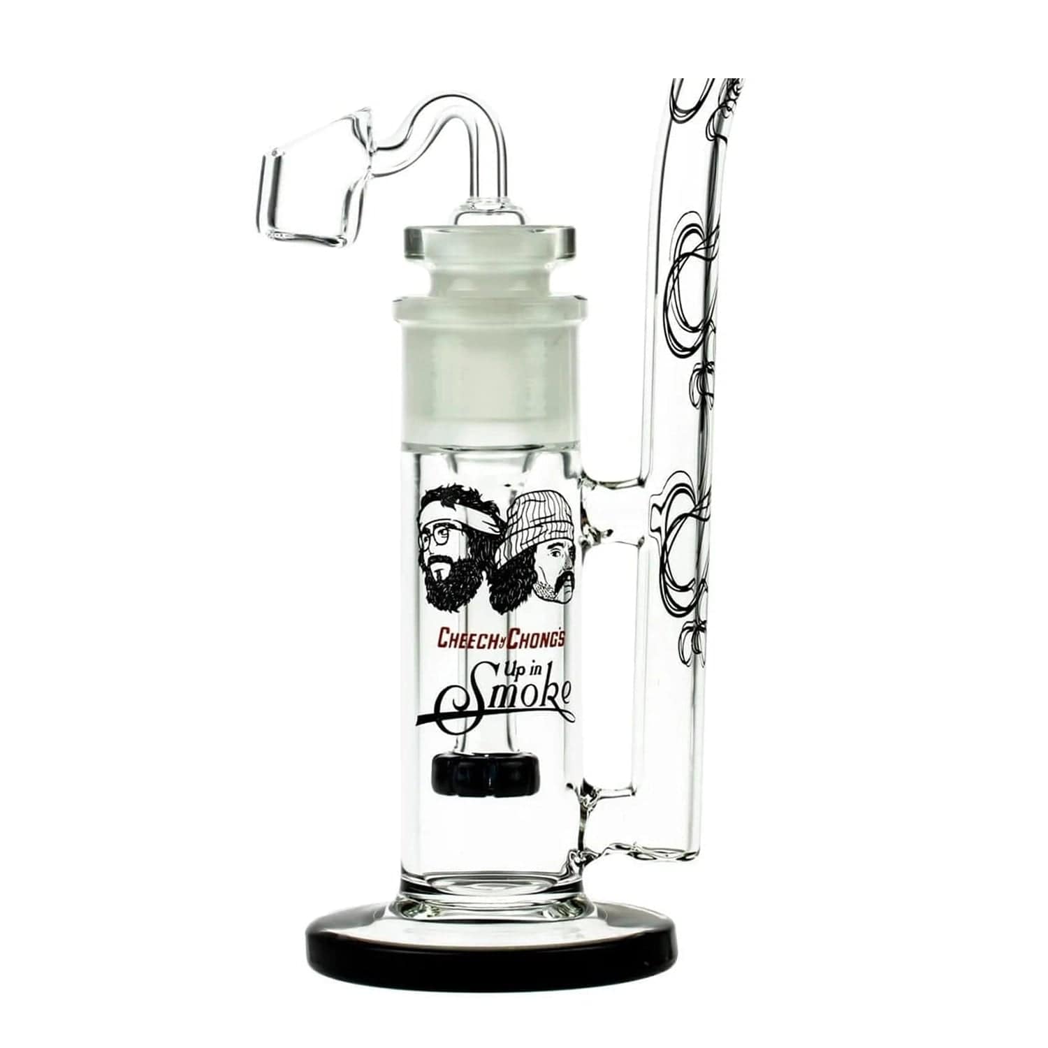 A studio shot of the C&C Waterpipe w Dab Rig Tied Stick withD.S and Quartz-Black, angled slightly from above, highlighting its black base and glass construction.