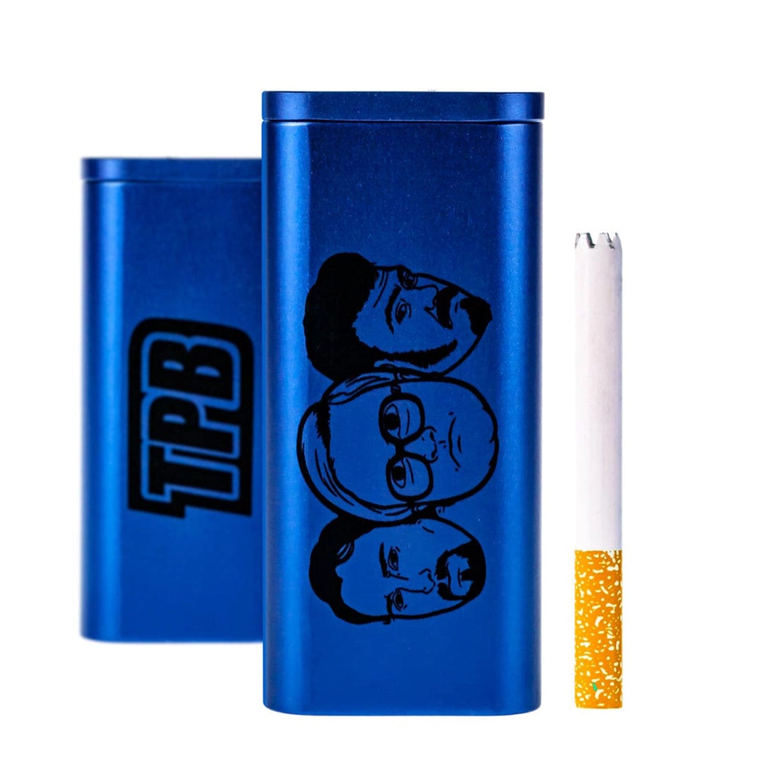 Front view of the TPB Dugout-Blue, showing a closed, blue metal dugout with a joint visible on top.