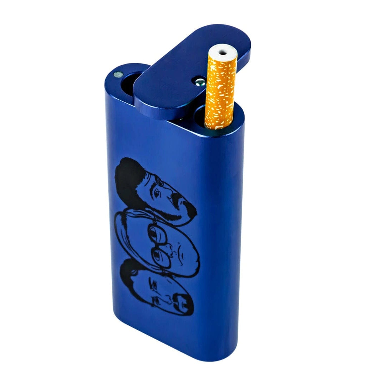 Front view of the TPB Dugout-Blue, showing a partially smoked cigarette resting within the open, blue-colored wooden dugout.