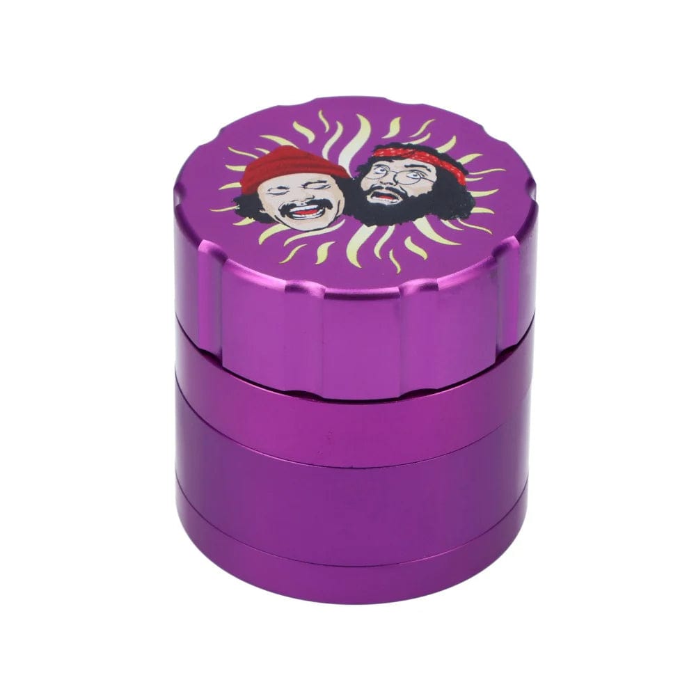 A close-up, angled view of the purple C&C Grinder 40th, showcasing its cylindrical shape and detailed textured surface.