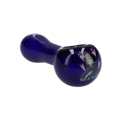 A side view of the Rock Legends Jimmy-Star Spoon Pipe in dark blue, showing its curved shape and polished finish.