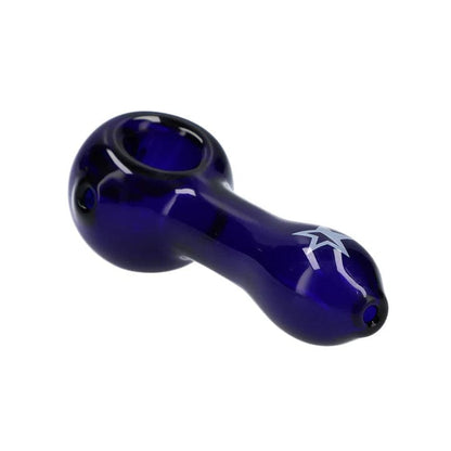 A three-quarter view of the dark blue Rock Legends Jimmy-Star Spoon Pipe, showing its curved form and smooth glass finish.