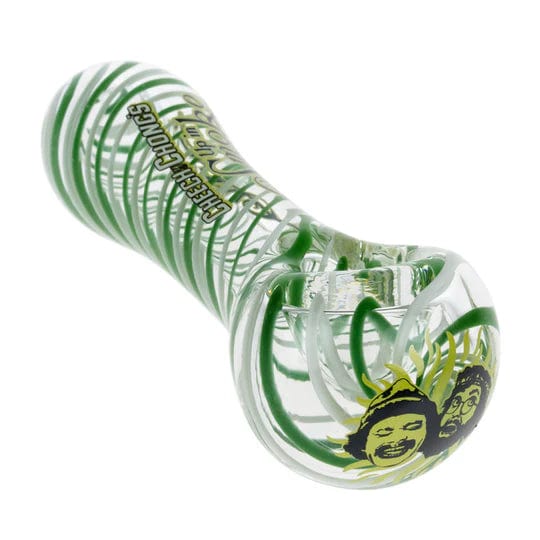 A side view of the C&C 40th Anniversary Spoon Pipe in green glass, featuring a curved bowl and streamlined design.