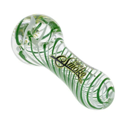 A side view of the C&C 40th Anniversary Spoon Pipe in green glass, showing its curved shape and smooth finish.