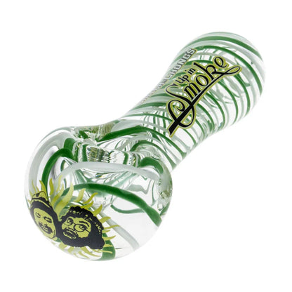A slightly angled view of the C&C 40th Anniversary Spoon Pipe in green glass, showing its curved shape and simple design.