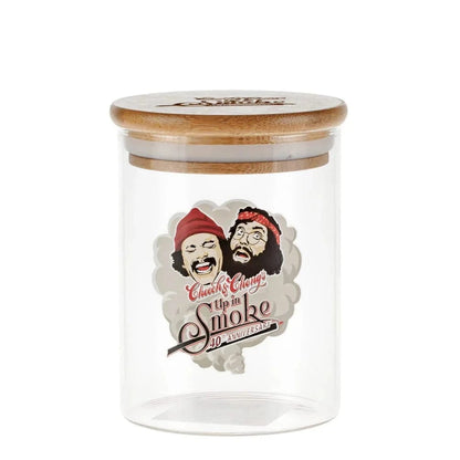 Clear front-facing shot of the C&C Heads Stash Jar - Mittel with a bamboo lid and a vintage Cheech & Chong "Up in Smoke" decal on the glass.