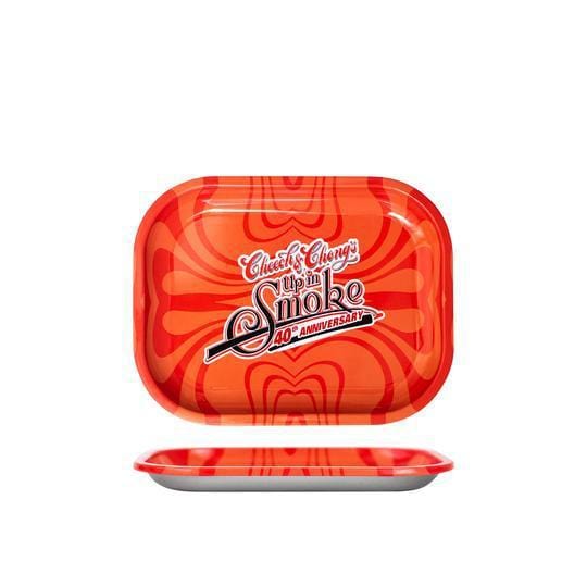 A top-down view of the red C&C 40th Anniversary Tray, showing its smooth, flat surface against a white backdrop.