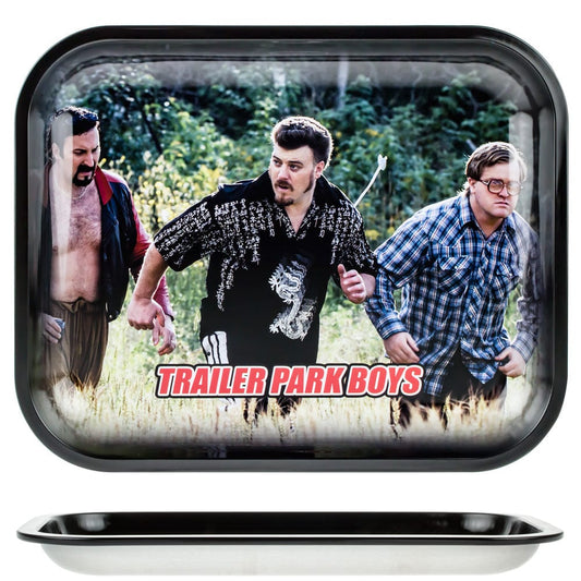 A vibrant, close-up shot showcases the TPB Hustle Tray-Large featuring a character from Trailer Park Boys running through tall grass.