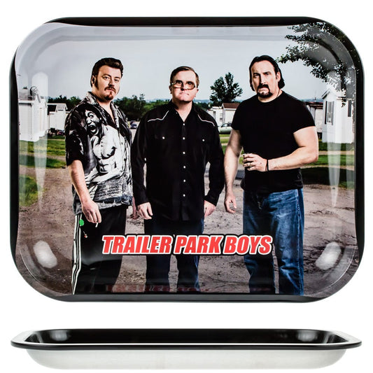 The TPB Classic Tray-Large displays a full-shot portrait of three men standing outside with a mobile home in the background.