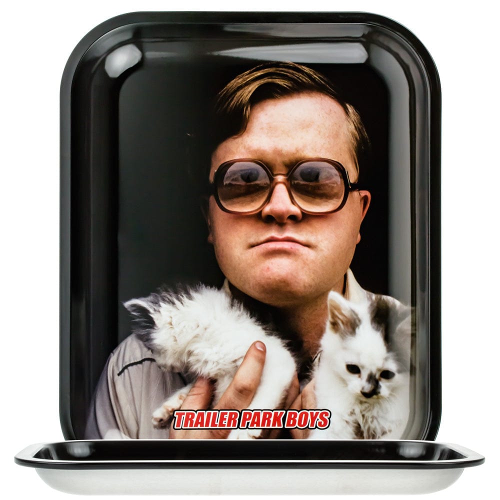 A top-down view of the TPB Hand Kitty Tray-Large, displaying a comical image of cats’ paws on a black background.