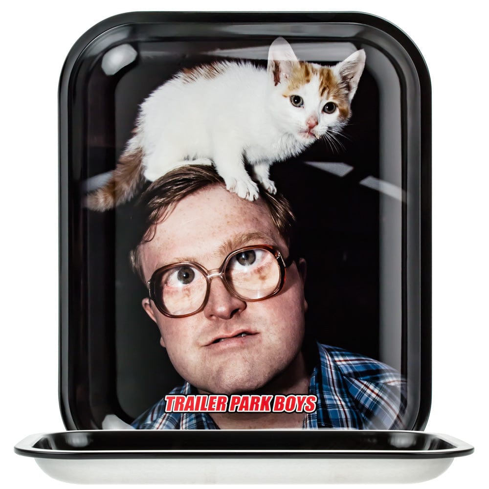 A top-down view of the TPB Head Kitty Tray-Large featuring a playful cat graphic on a black tray.