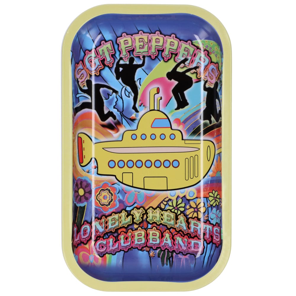 The Rock Legends-Fab4 Abbey Road Submarine Rolling Tray is shown in a vibrant, illustrative style, depicting figures around a yellow submarine.