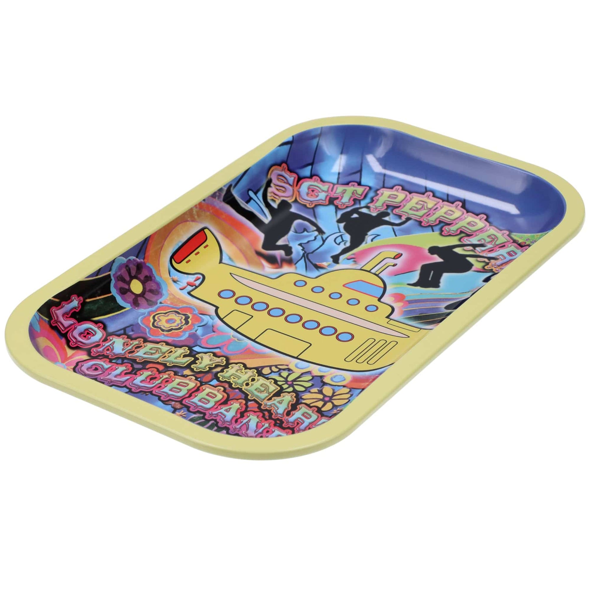 The yellow Rock Legends-Fab4 Abbey Road Submarine Rolling Tray is shown at an angle, featuring a colorful submarine design.