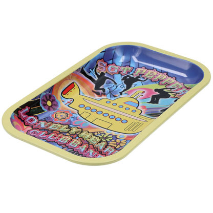 The yellow Rock Legends-Fab4 Abbey Road Submarine Rolling Tray is shown at an angle, featuring a colorful submarine design.