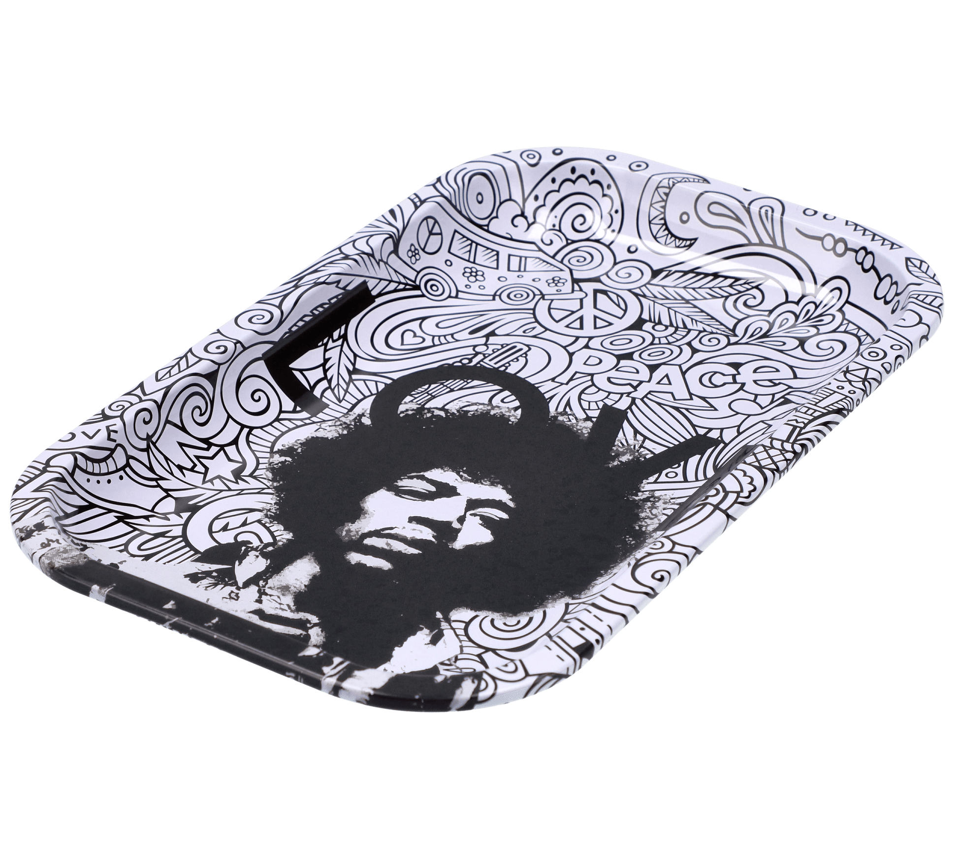 Overhead view of the Rock Legends Jimmy-Love Tray-Medium, featuring a colorful artistic design on a flat surface.