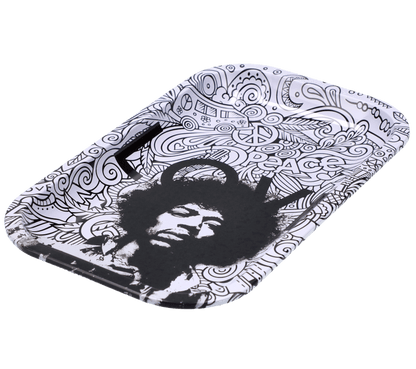 Overhead view of the Rock Legends Jimmy-Love Tray-Medium, featuring a colorful artistic design on a flat surface.