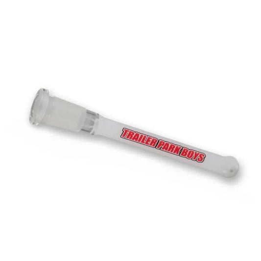 A studio shot of the TPB Silibong Downstem, showing its clear glass construction from a slightly elevated angle.