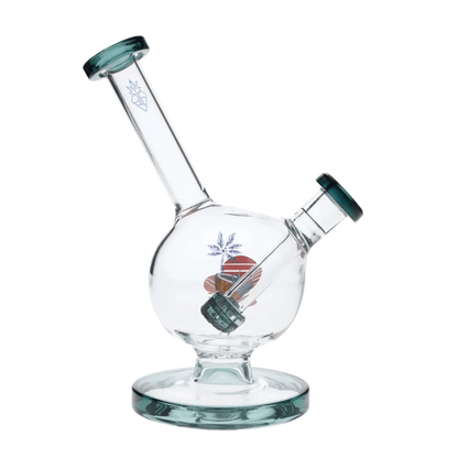 A studio shot of the 7-inch Cabana Cannabis Co. Surf Water Pipe in teal, angled to showcase its curved neck and base.