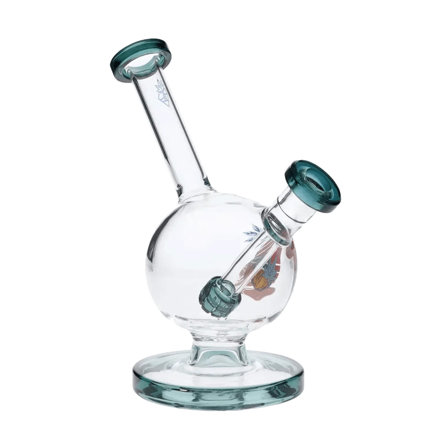 A teal, 7-inch Cabana Cannabis Co. Surf Water Pipe is pictured from a low angle against a plain white backdrop.
