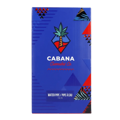 Front view of the teal 7-inch Cabana Cannabis Co. Surf Water Pipe, with a vibrant, angular pattern in the background.
