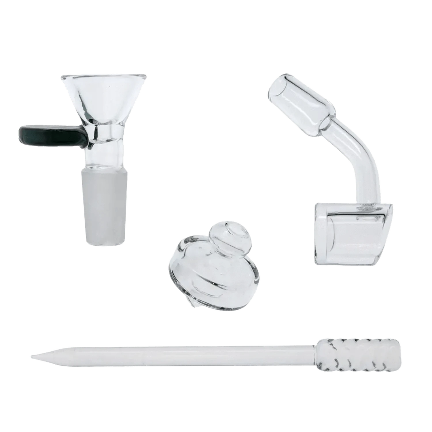 A close-up, angled view of the Cabana Cannabis Co. Surf Water Pipe, showcasing the clear glass construction of the joint.