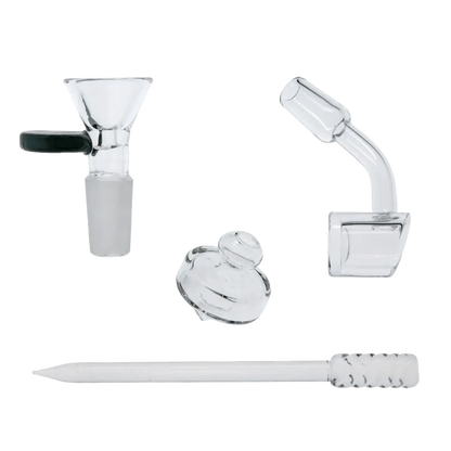 A close-up, angled view of the Cabana Cannabis Co. Surf Water Pipe, showcasing the clear glass construction of the joint.