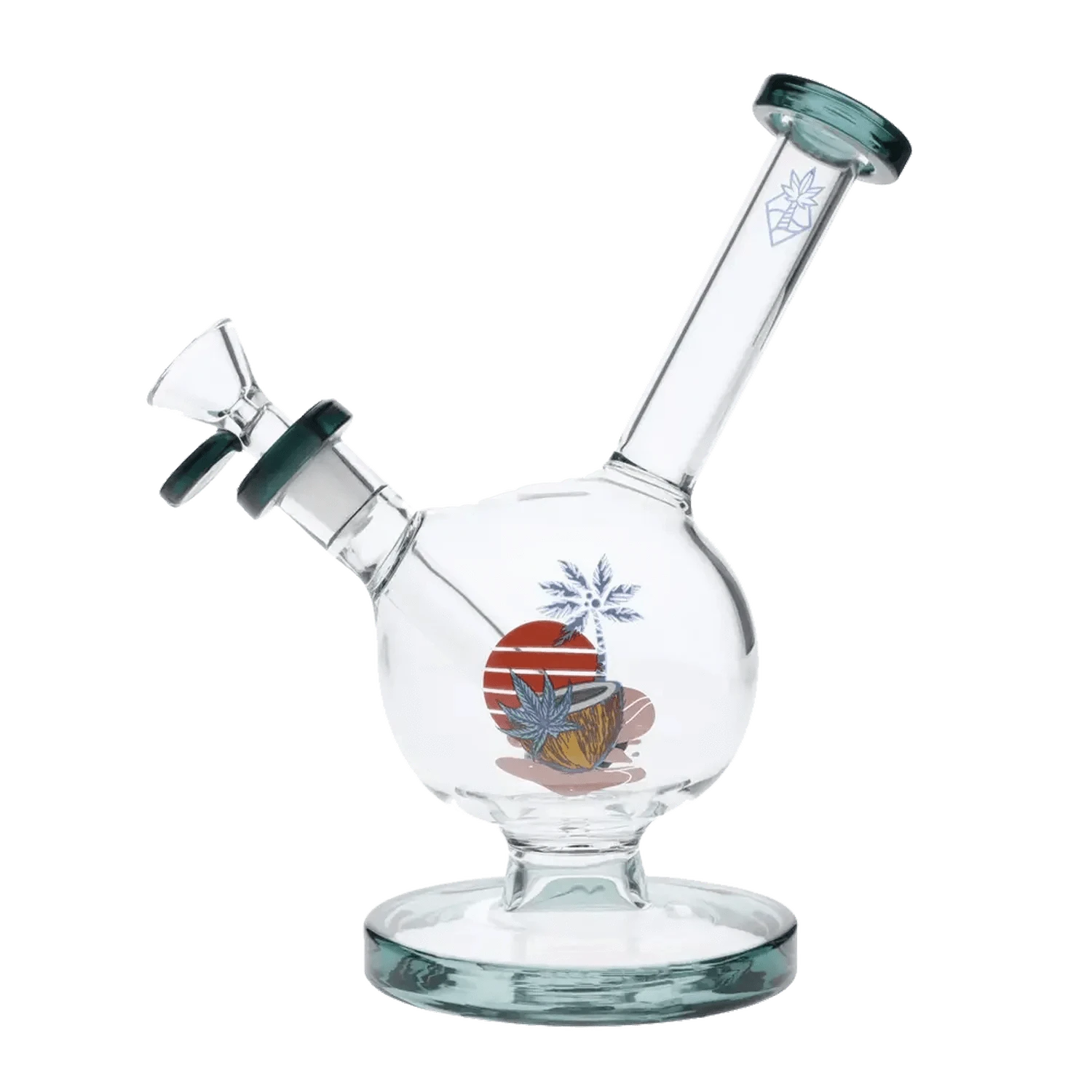 Front view of the 7-inch Cabana Cannabis Co. Surf Water Pipe in teal, showcasing its curved neck and clear glass body.
