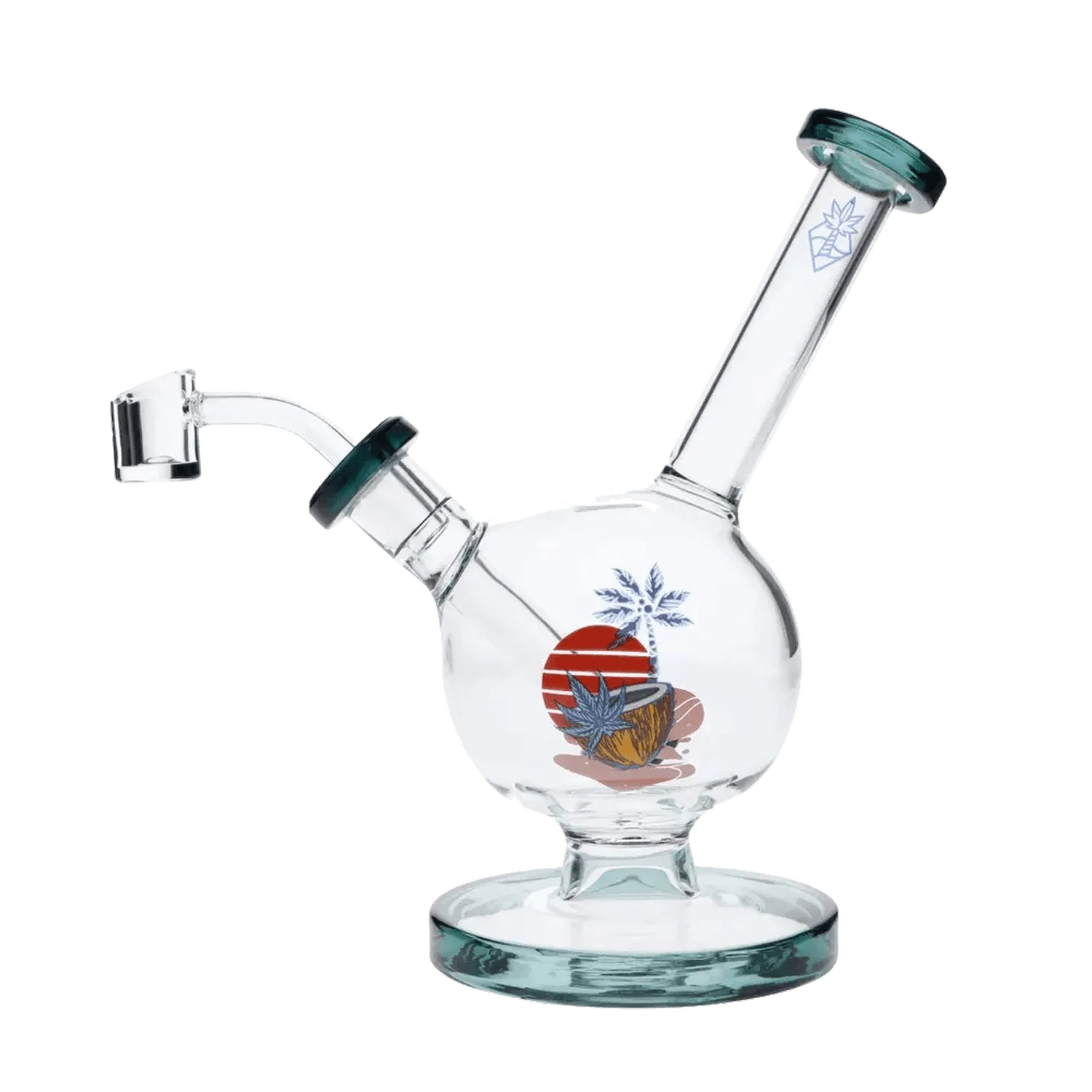 A three-quarter view of the 7-inch Cabana Cannabis Co. Surf Water Pipe in teal, showcasing its curved form and smooth glass finish.