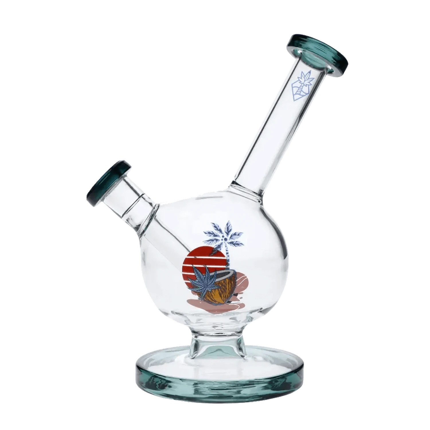 A three-quarter view of the 7-inch Cabana Cannabis Co. Surf Water Pipe in teal glass, highlighting its curved neck and smooth base.