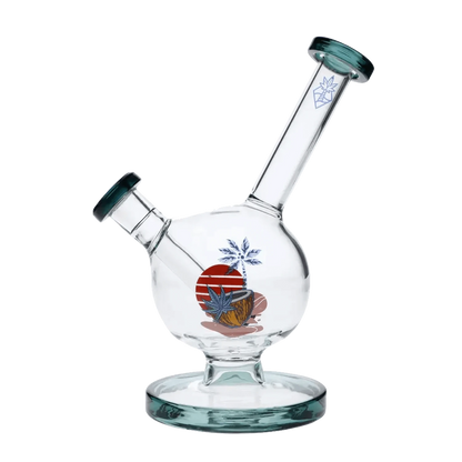 A three-quarter view of the 7-inch Cabana Cannabis Co. Surf Water Pipe in teal glass, highlighting its curved neck and smooth base.