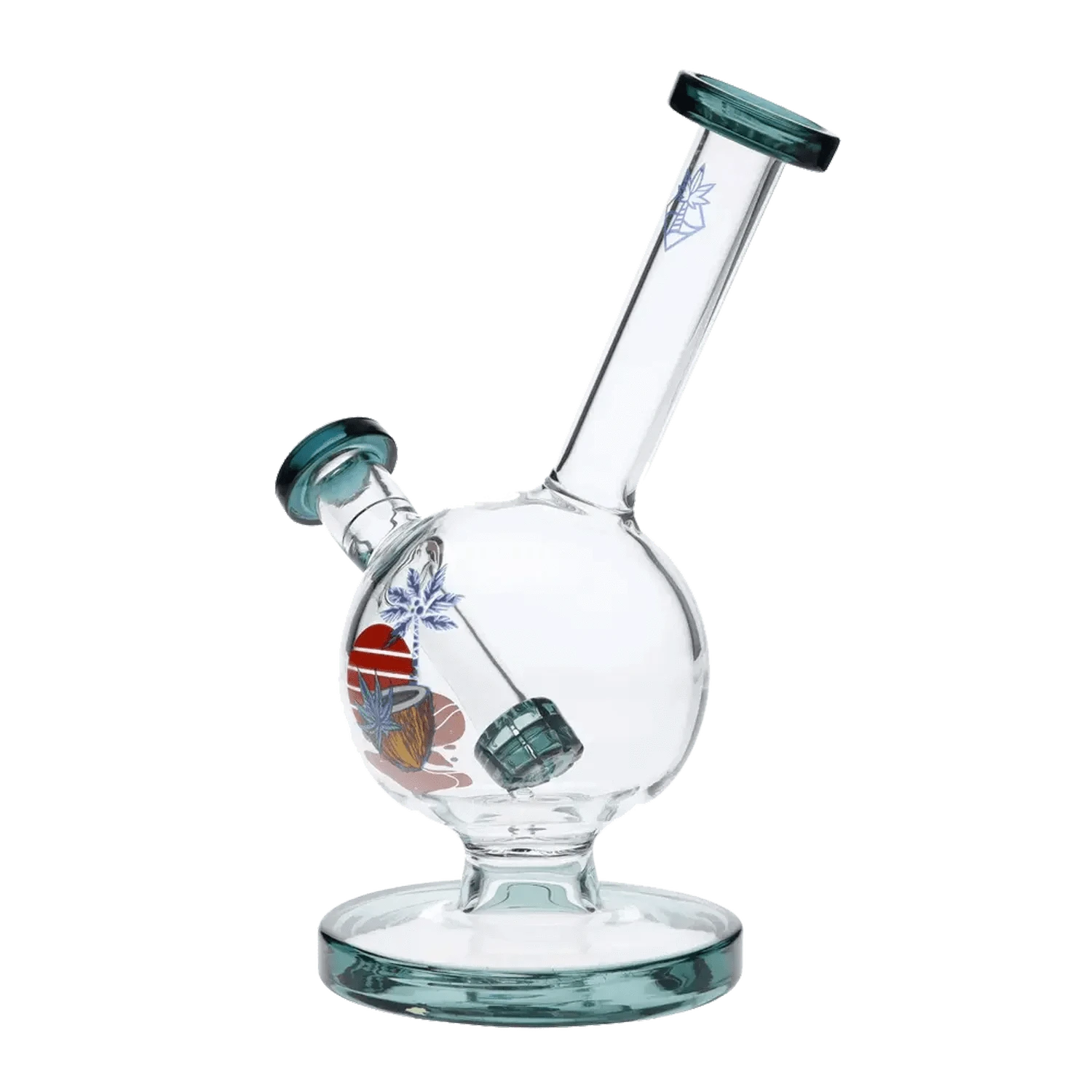 A side view of the 7-inch Cabana Cannabis Co. Surf Water Pipe in teal, showcasing its curved neck and clear glass body.