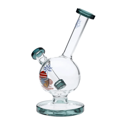 A side view of the 7-inch Cabana Cannabis Co. Surf Water Pipe in teal, showcasing its curved neck and clear glass body.