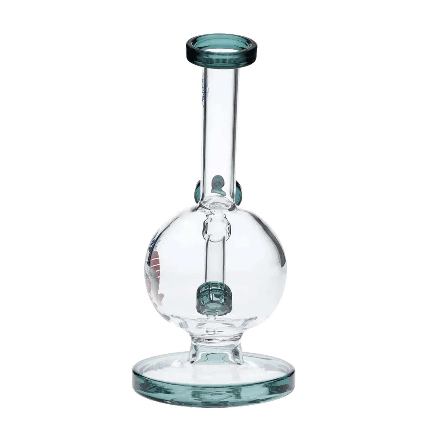 A front view of the 7-inch Cabana Cannabis Co. Surf Water Pipe in teal glass, highlighting its curved neck and simple design.